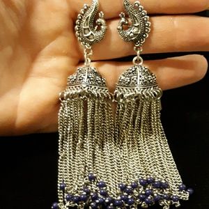 New Indian Blue Onyx Silver Jhumka Earrings.